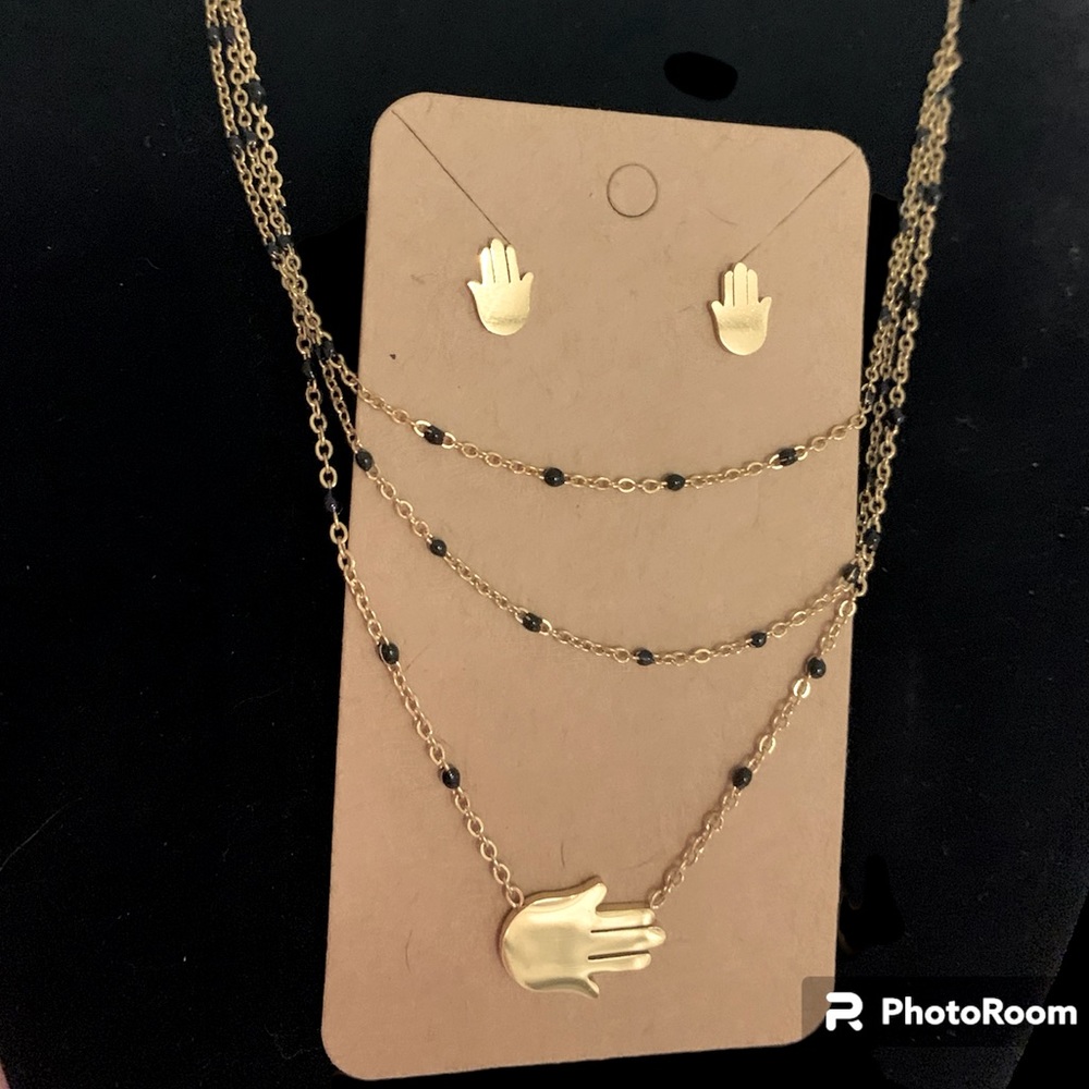Hamsa 🪬 Hand Necklace & Earrings - Gold tone
